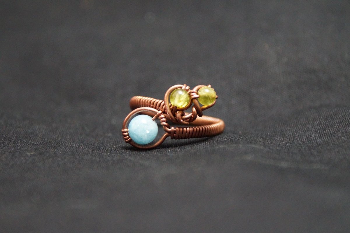 Angelite, peridot & copper ring