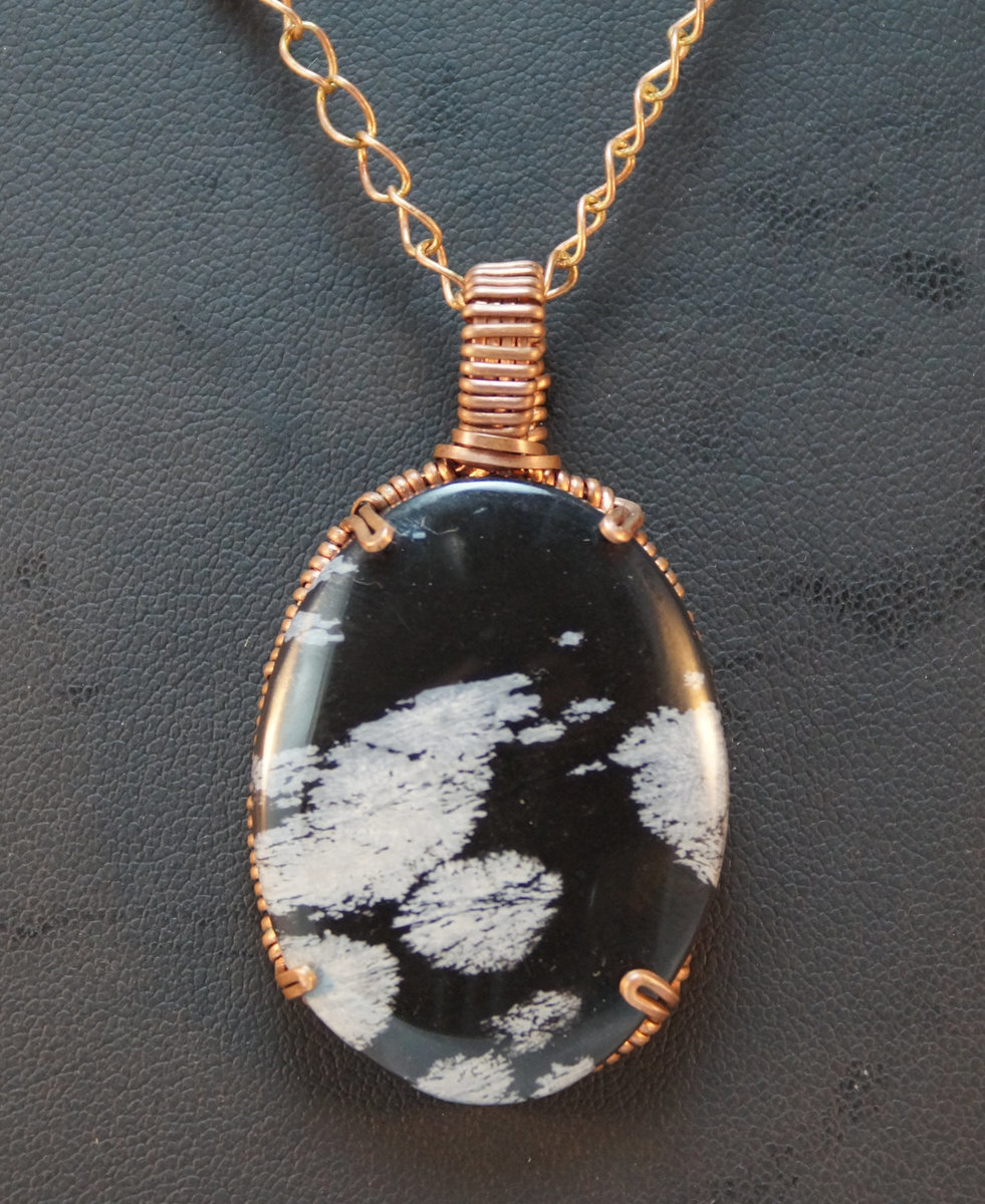 Snowflake obsidian in copper necklace